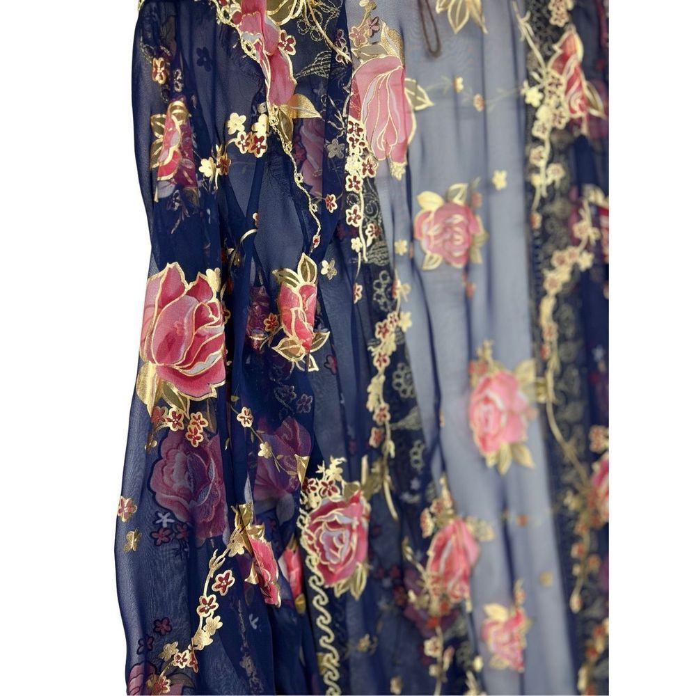 2 Piece Indian Outfit Sheer Robe & Dress Blue and Gold Floral Embroidery Tunic - Picture 7 of 14